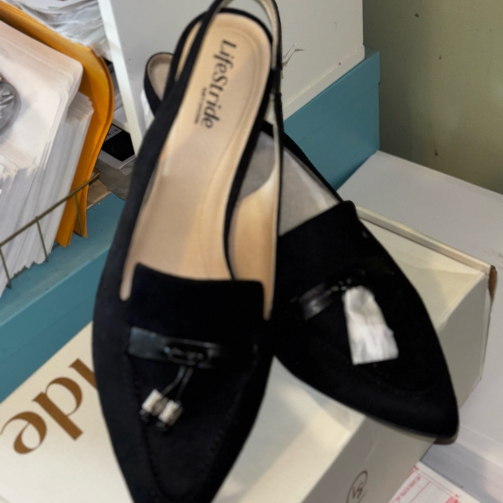 Life Stride Black Slingback Block Heels, 11W Audrey Black Micro - Picture 2 of 7